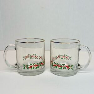 Vintage Libbey Gold Rimmed Holly Berry Garland Mugs - Set of 2 Pristine!